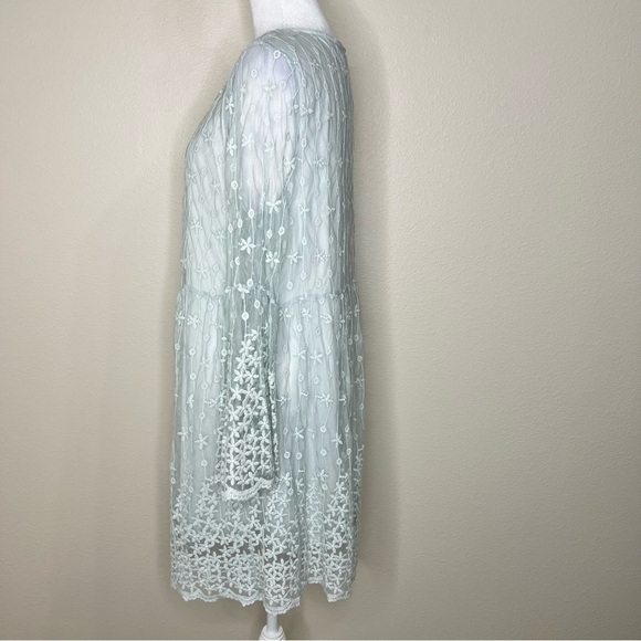 Calstyle Blue Boho Floral Embroidered Sheer Mesh Bell Sleeve Dress Sz M - Picture 4 of 10